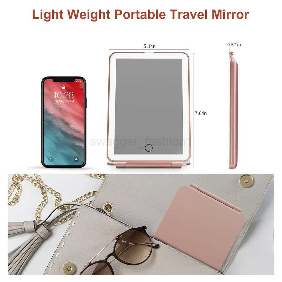 LED Travel Makeup Mirror 3 Colors Light USB Rechargeable Touch Screen Cute Portable Tabletop Cosmetic Mirror Ins PINK BeautifulXJ240813