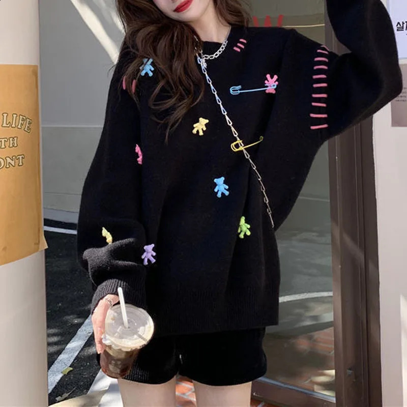 Autumn Winter Womens Versatile Pullovers Crew Neck Little Bear Embroidery Loose Sweaters Fashion Casual Long Sleeve Tops 240812