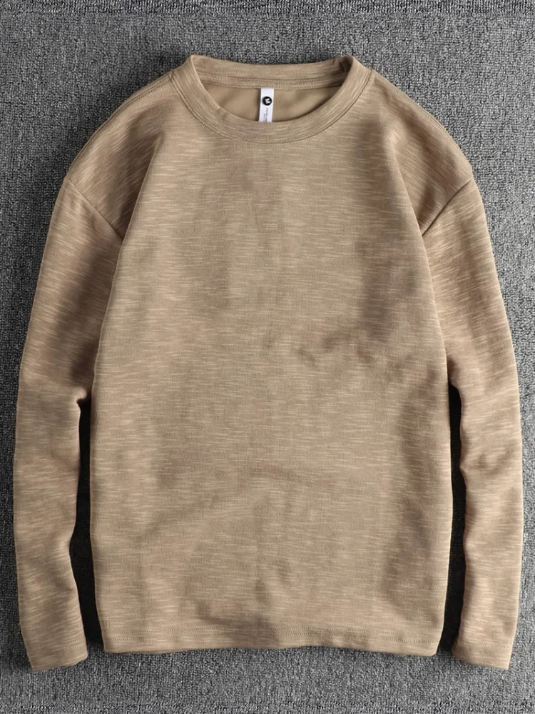 Autumn American Retro 310G Long-sleeved O-neck Knitted Solid Color T-shirt Mens Simple Slub Cotton Washed Casual Youth Tops 240812