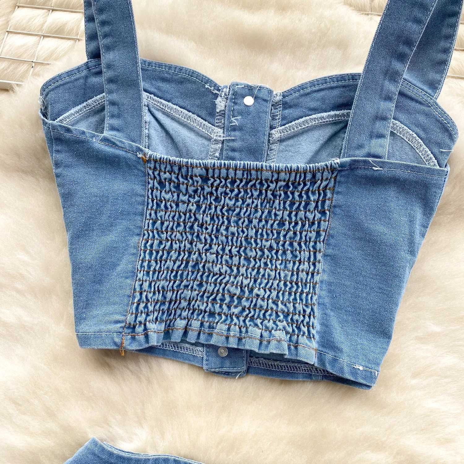Female Chic Retro Suits Strap Button Elasticity Short TankPleated Mini Skirt Fashion sweet Denim Two Pieces Set 240812