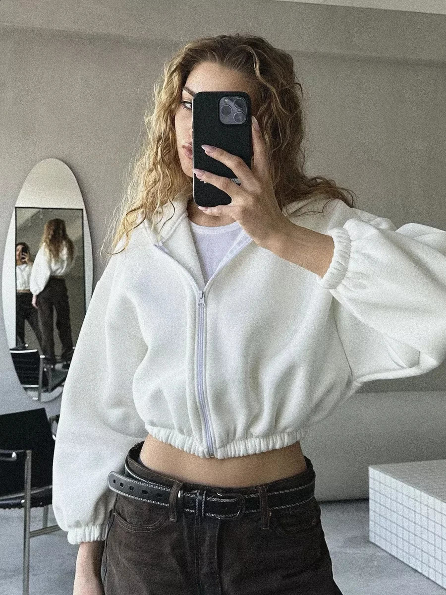 Womens Fashion Zipper Hooded Short Sweatshirt Y2K Solid Color Short Long-sleeved Cardigan Loose Waist Coat 240812