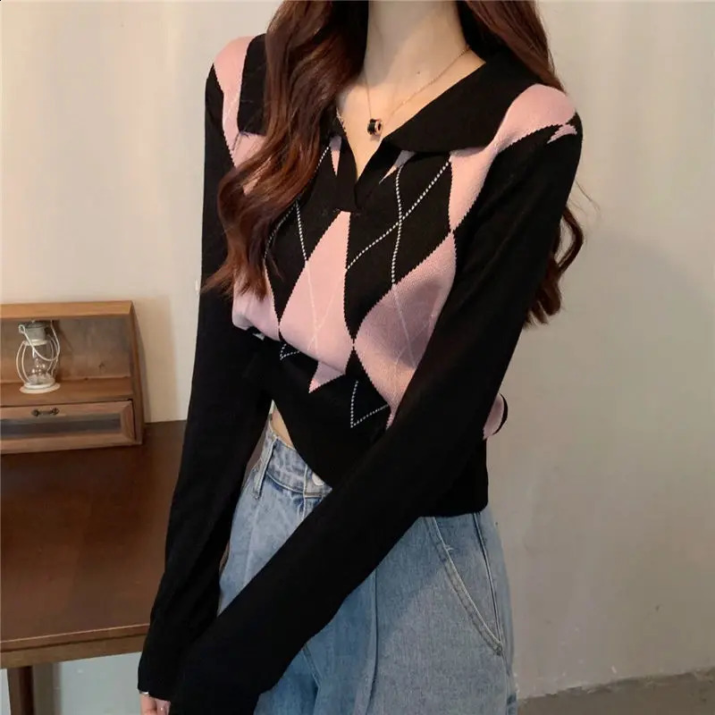 Spring Trend Patchwork Knitting Turn-down Collar Long Sleeve Pullovers Women Clothing Preppy Style Plaid Slim Sweater Femme Tops 240812