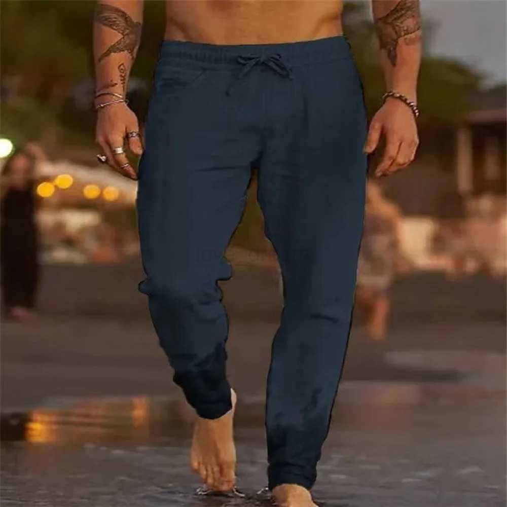 Mens Beach Pants Joggers Streetwear Cotton Linen Sweatpants Casual Pants Hawaiian Vacation Loose Summer Straight Pants MaleXJ240813