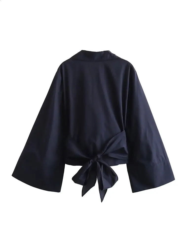 Nlzgmsj TRAF Women Fashion Back With Bow Tied Cropped White Blouses Vintage Long Sleeve Female Shirts Blouse Chic Tops 240813