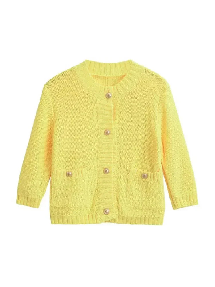 Fashion yellow single chest round neck knitted cardigan womens fashion long sleeved pocket sweater autumn street 240812
