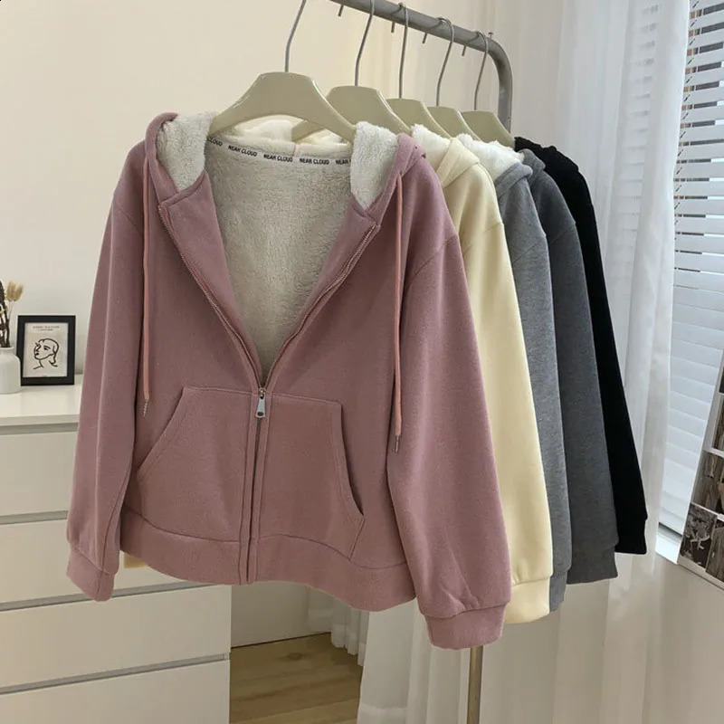Xpqbb Casual Plus Velvet Hooded Zip-Up Coat Women Long Sleeve Thicken Warm Sweatshirt Women Autumn Winter Fleeced Clothing 240812