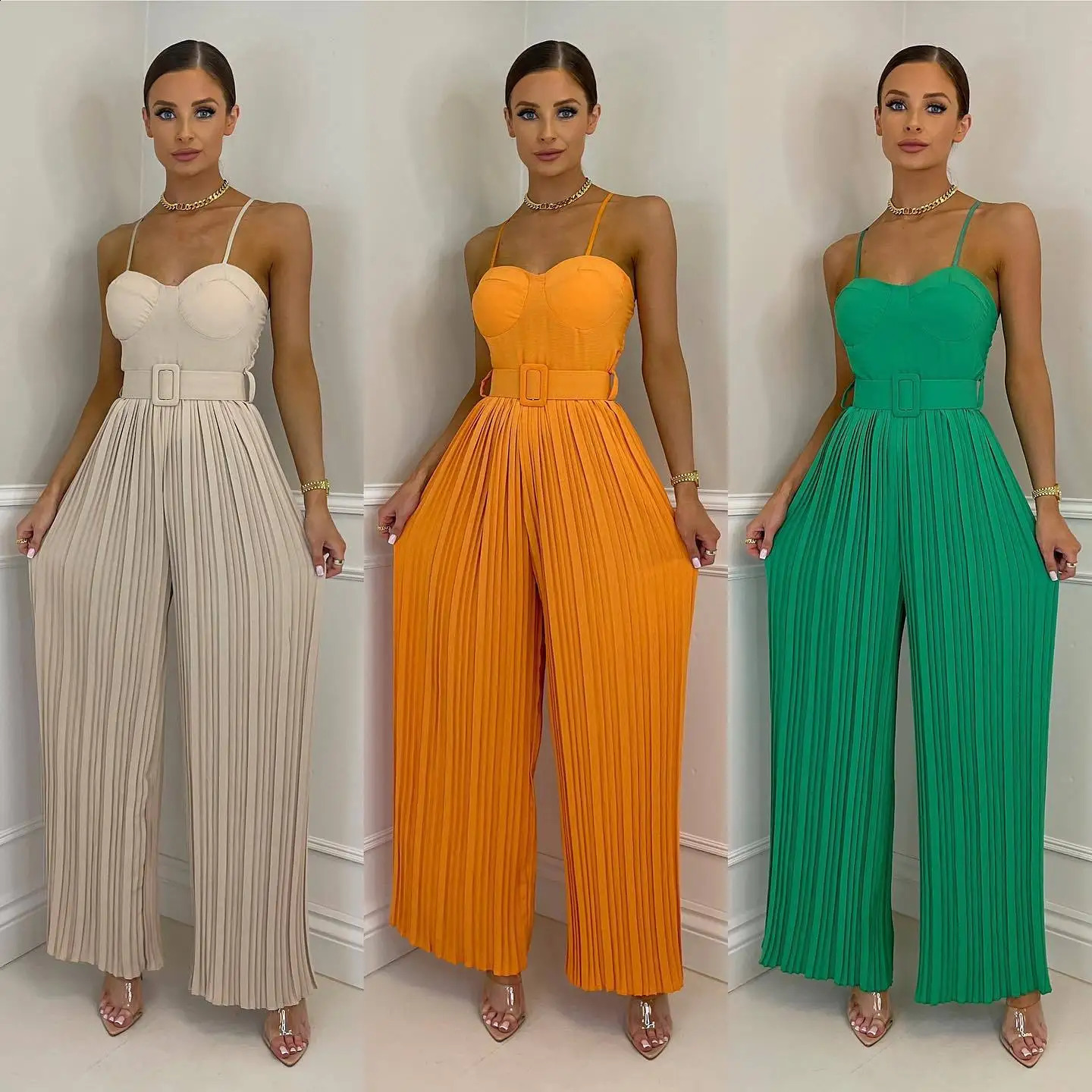 Summer Casual Suspenders Long Jumpsuit Women Sexy Fashion Solid Sleeveless Sashes Pleated Wide Leg Jumpsuit Orange Female 240813
