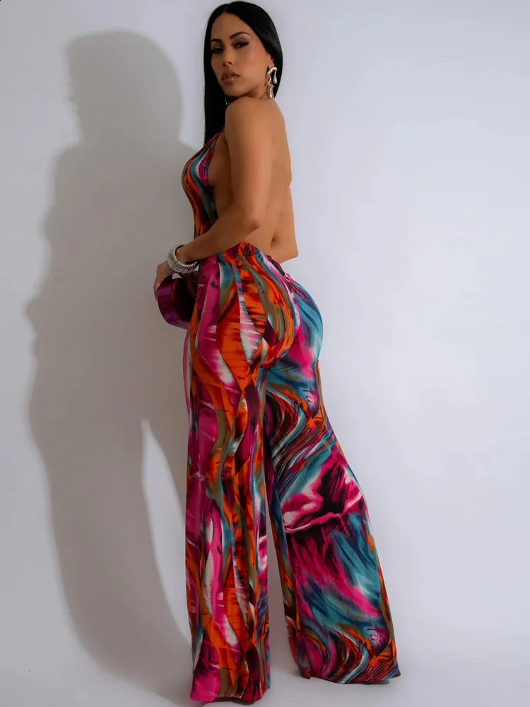 Beyprern Tropical Halter Neck O-Rings Metal Jumpsuits One Piece Outfits Beautiful Backless Printed Wide Leg Rompers Overalls 240813