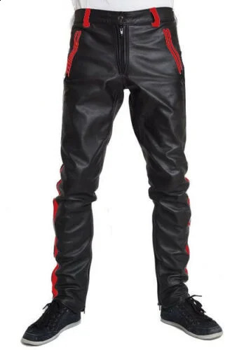 Mens COWHIDE LEATHER PANTS COLOR STRIPES BIKERS 240812