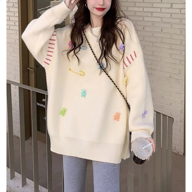Autumn Winter Womens Versatile Pullovers Crew Neck Little Bear Embroidery Loose Sweaters Fashion Casual Long Sleeve Tops 240812