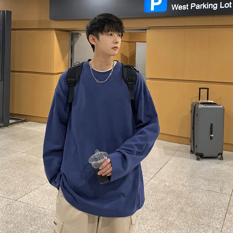 Privatthinker oversized mens T-shirt long sleeved high-quality cotton fashionable Korean clothing top solid color Harajuku mens T-shirt 240826