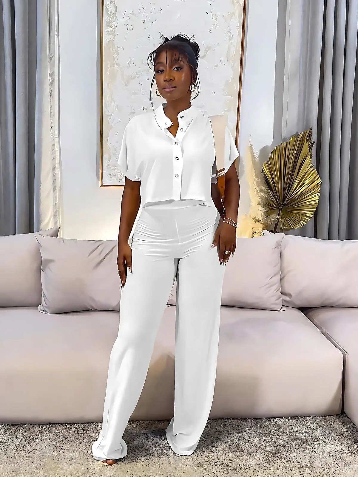 White Short Sleeve Shirt Tops Casual Wide Leg Pants Short Cardigan Top Solid Color Straight Pants Women Two-Piece Sets Outfits 240819