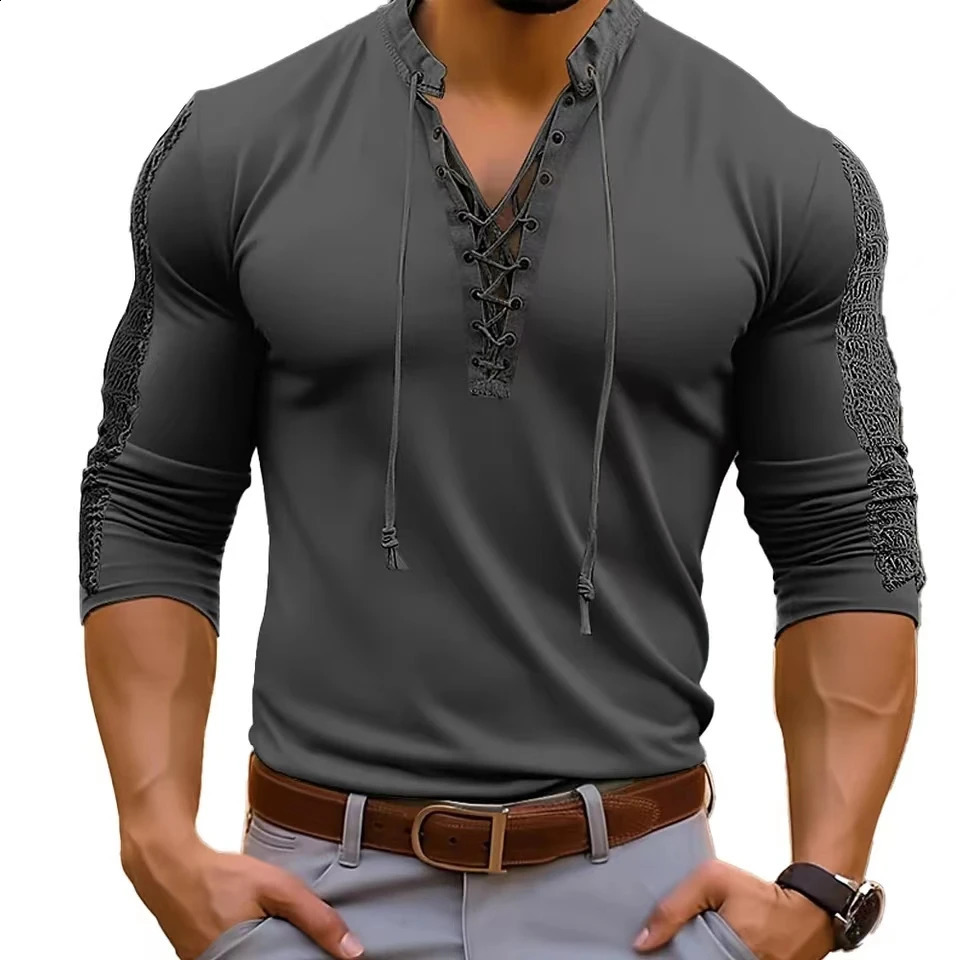 Spring Autumn Men T-Shirts Mesh Patchwork Long Sleeve Top Tees Solid Lace Up V-Neck Casual Bottom Blouse Men Tees Tops 240812