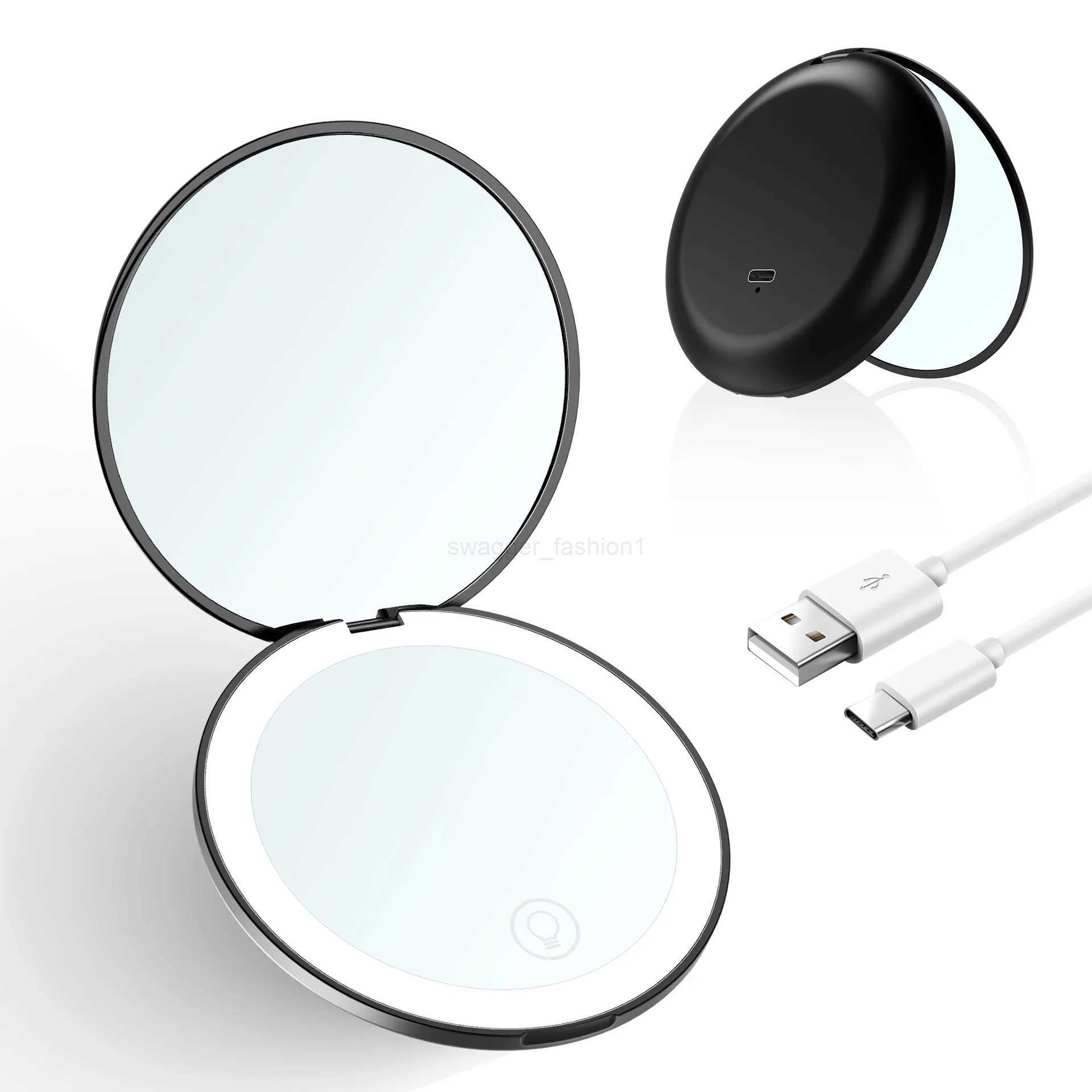 Mini Portable Folding Makeup Mirror With Led Lights 5X Magnifying Compact Pocket Travel Mirrors Make Up Tools with Type-C CableXJ240813
