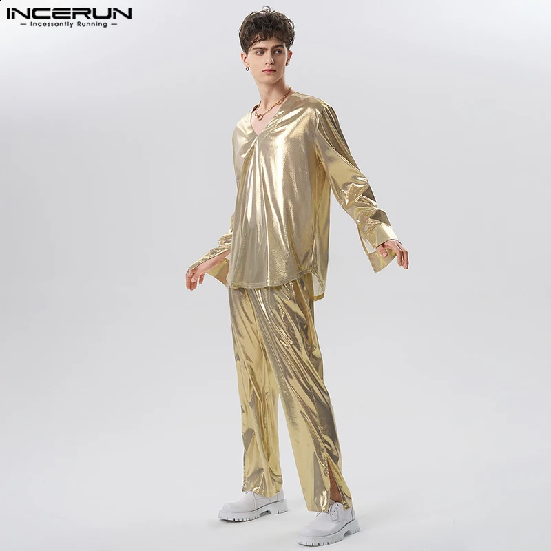 Men Sets Shiny Streetwear V Neck Long Sleeve T Shirt Pants Two Pieces Sets Loose Party Fashion Mens Suits S-5XL INCERUN 240813
