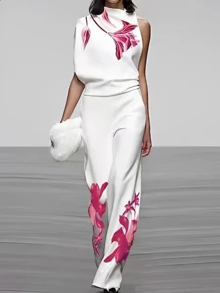 Fashion Street Print Two Piece Set For Women Spring Summer Sleeveless Top And Pants Outfits Office Elegant Autumn Suits 240813