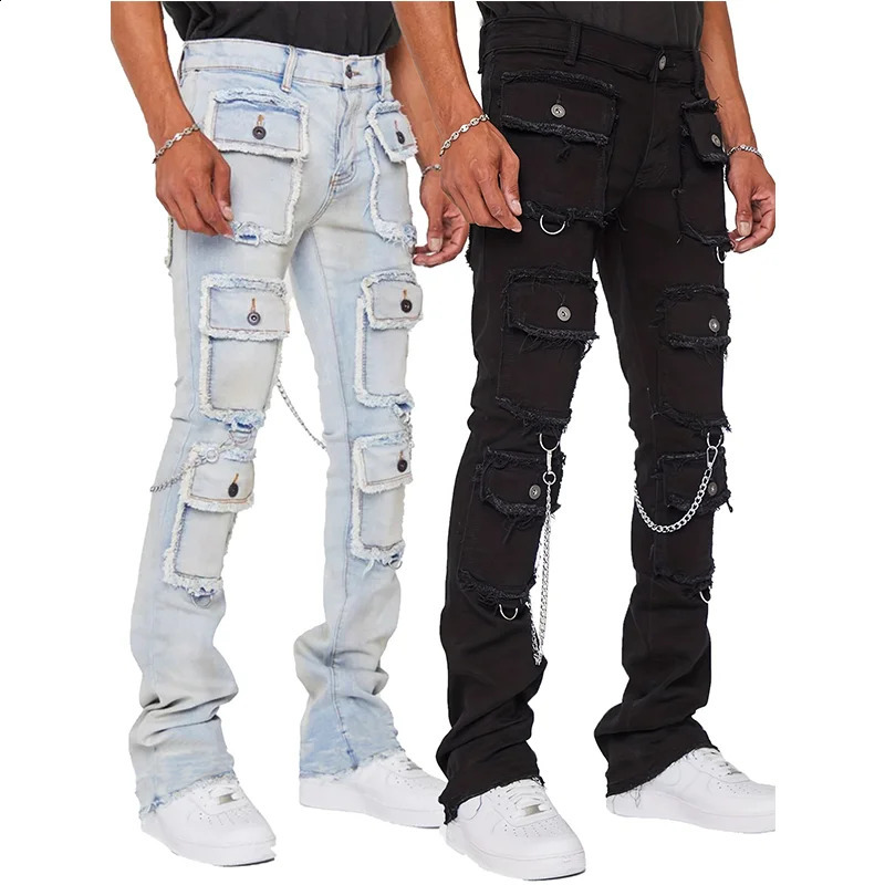 Mens stacked jeans jogging pants street multi pocket mens jeans ultra-thin fit denim jeans240812