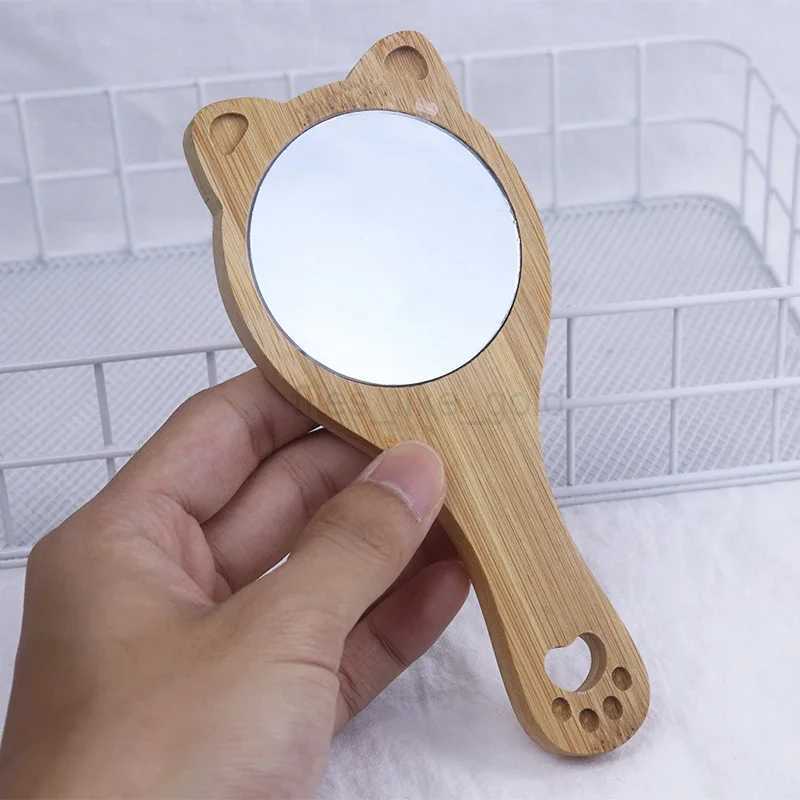 Compact Makeup Mirror Cute Cat Handheld Bamboo and Wood Makeup Mirror Portable Pocket Makeup Mirror for Women Travel W240813