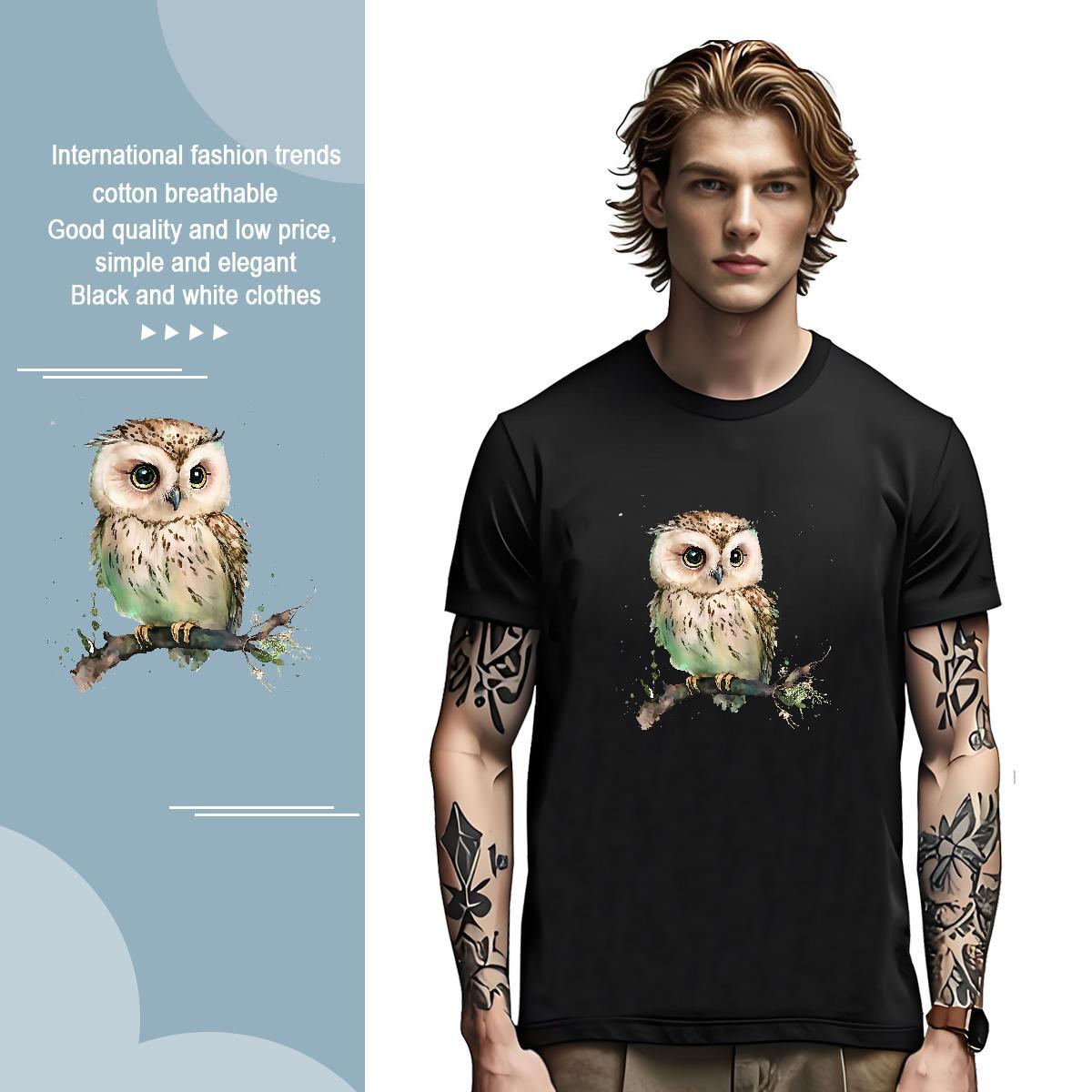 Classic T Shirt For Man Owl O-Neck Short Sleeve Sport Customized 230g Cotton Tshirts Fashion Casual Tops
