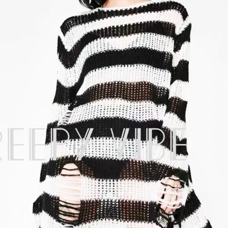 Autumn Winter Punk Gothic Long Unisex Sweater Women Striped Cool Hollow Out Hole Broken Jumper Loose Rock Thin Streetwear Top 240812