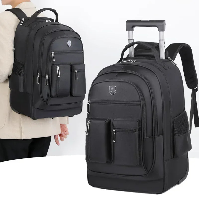 Mens large capacity travel backpack with wheels womens multilayer handcart luggage bag trolley business computer 240813