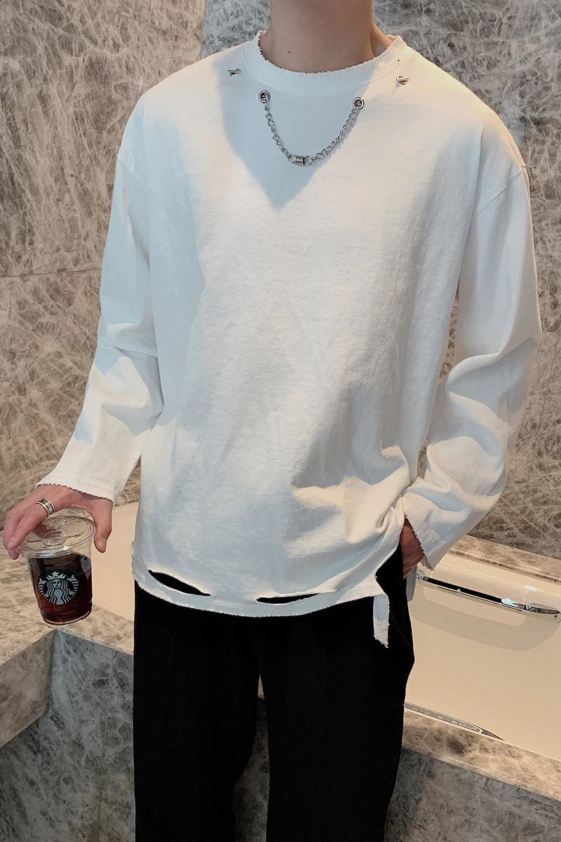 Mens Ripped T Shirt Top Tee Fashion Spring Hollow Holes Long Sleeve T-Shirt Personalized Chain Decoration Loose Shirts 240812