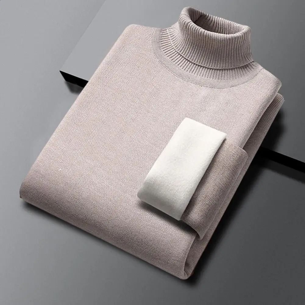 Mens Basic Warm Sweater Winter Casual Pull Turtle Neck Velvet Thick Pure Thin Bottom Style 240812