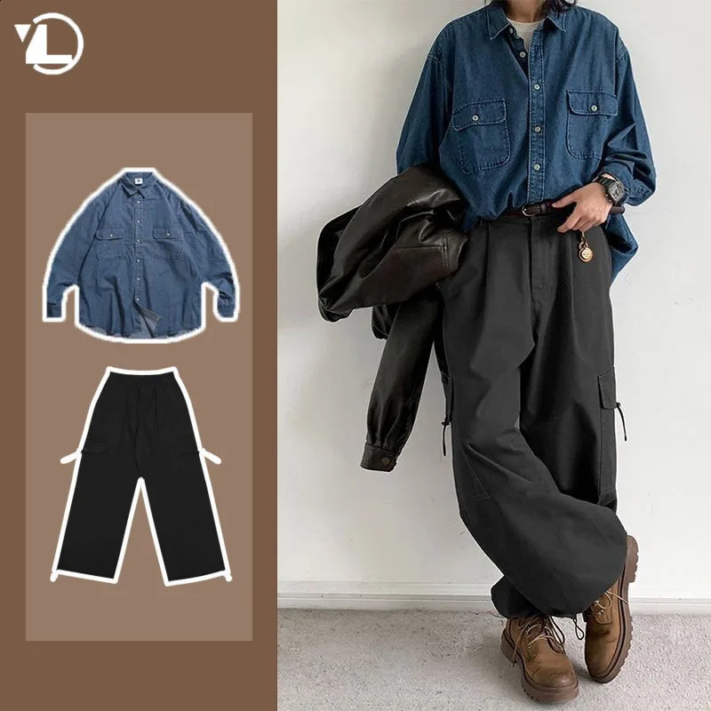 2024 Spring Casual Men Set Retro Simplicity Pocket Denim Shirtbig Pocket Street Hip-hop Cargo Pants 2-pcs Japanese Fashion Suit 240813