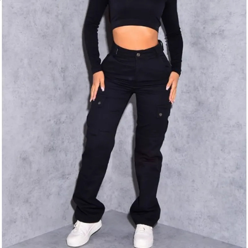 Y2K Vintage Solid Color High Waist Washed Bootcut Jeans Bodycon Cargo Pants Trousers Fashion Women Pocket Straight Denim Jeans 240813