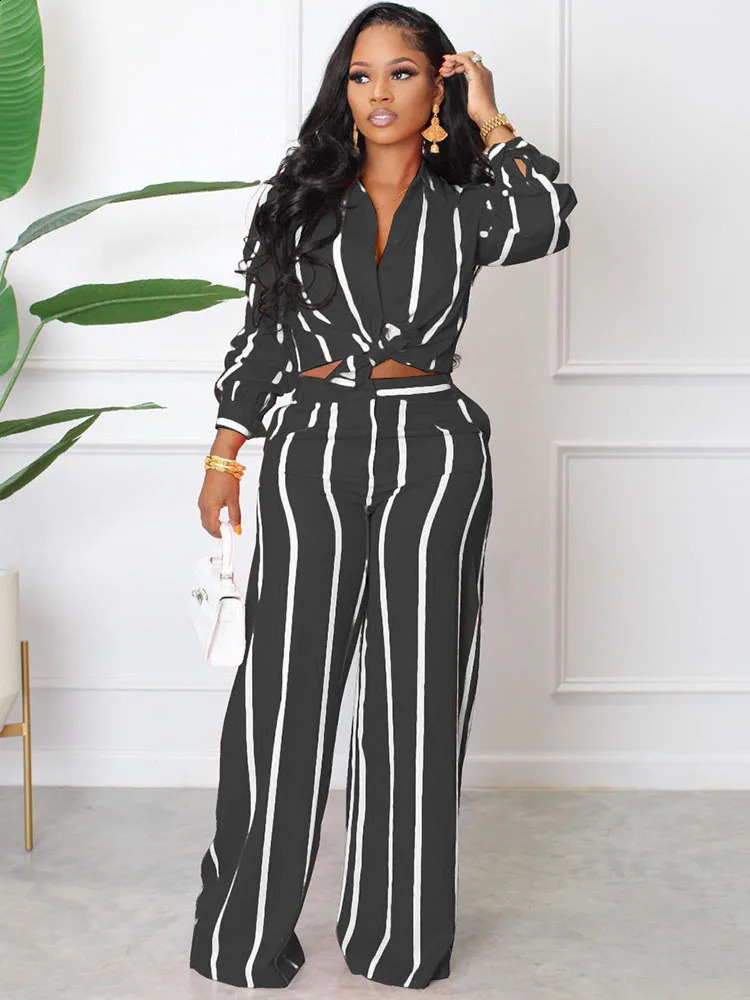 Elegant Fashoin Striped Two Piece Set for Women Long Sleeve Shirt Top and Wide Leg Pants Suits Office Lady Matching Sets Outfits 240813