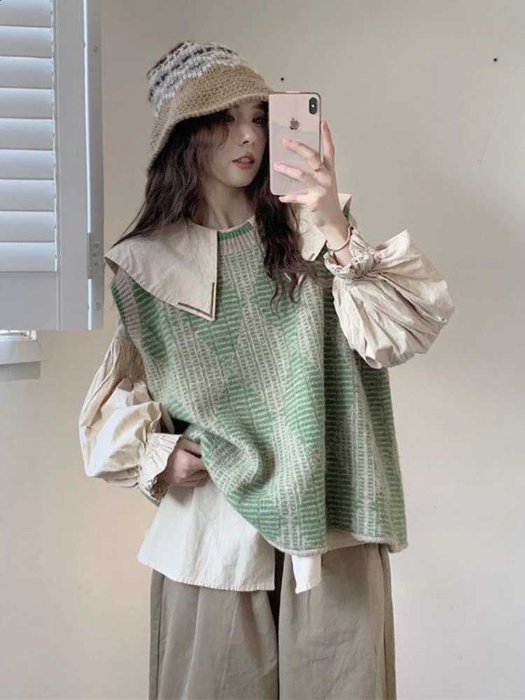 Sweater Vests Women Green Preppy Style Cute Autumn Ins Trendy All-match Cozy Basic Argyle Ladies Knitting College Dating 240812