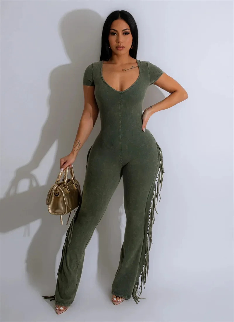 Casual Side Fringe Tassel One Piece Jumpsuit for Women Clothing V-neck Short Sleeve Skinny Flare Pants Rompers and Jumpsuits 240813