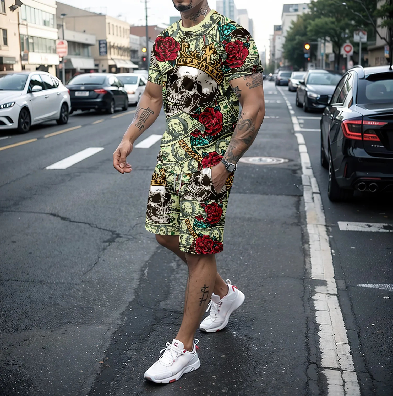 3D Skull Rose Printed Mens Sportswear Short sleeved T-shirt and Sports Shorts Summer Casual Jogging Pants Set Two Piece Set 240813
