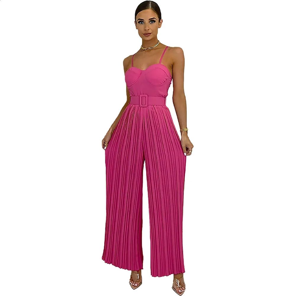 Summer Casual Suspenders Long Jumpsuit Women Sexy Fashion Solid Sleeveless Sashes Pleated Wide Leg Jumpsuit Orange Female 240813
