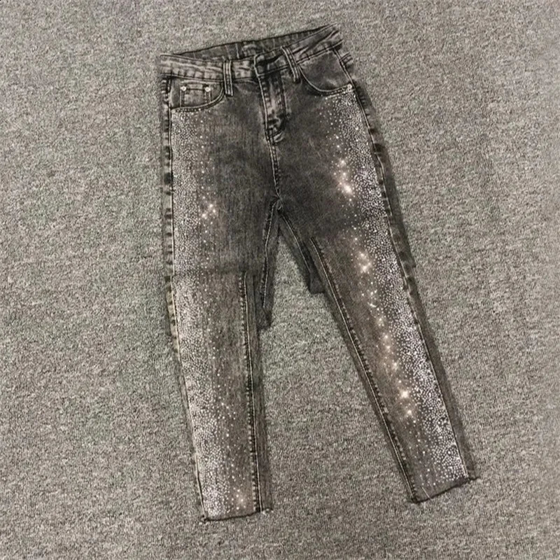Fashion Rhinestone Jeans Female Spring And Summer Korean Version Of High Waist Slim Elastic Feet Pants Pencil Pants 240813