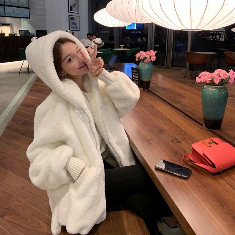 Women's Fur Faux Nerazzurri Winter white oversized faux fur jacket women with hood raglan sleeve zipper Korean fashion clothing for womens