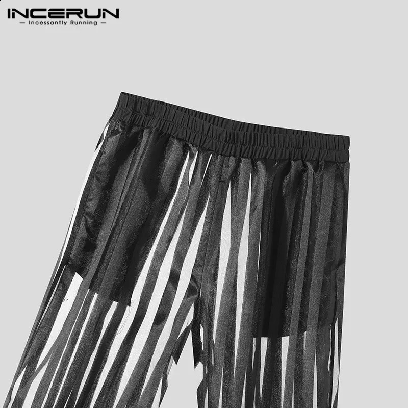 Men Striped Pants Mesh Transparent Elastic Waist Sexy Trousers Streetwear Loose Fashion Casual Pantalon S2XL INCERUN 240812