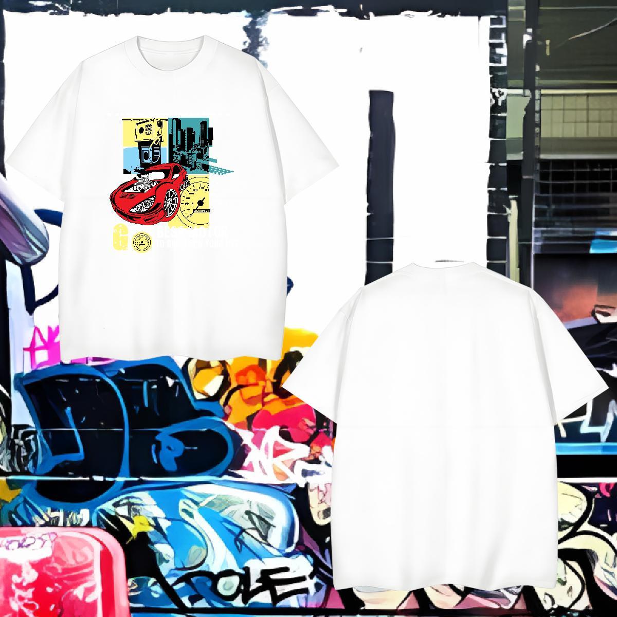 Cool car Men T Shirts Casual Daily Wear Men Clothes T-Shirt 230g Pure Cotton Brand Crew Neck Floral Print Tshirts