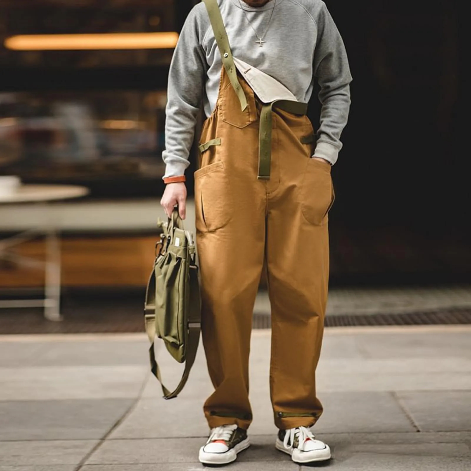 Mens denim bib cover workwear with adjustable shoulder straps stylish jumpsuit cargo pants pockets 240812