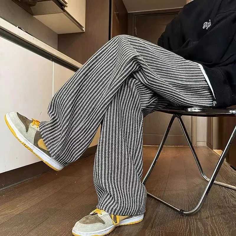 American retro black vertical striped casual pants for men and women trend lazy loose drawstring straight leg wide leg pants y2kXJ240813