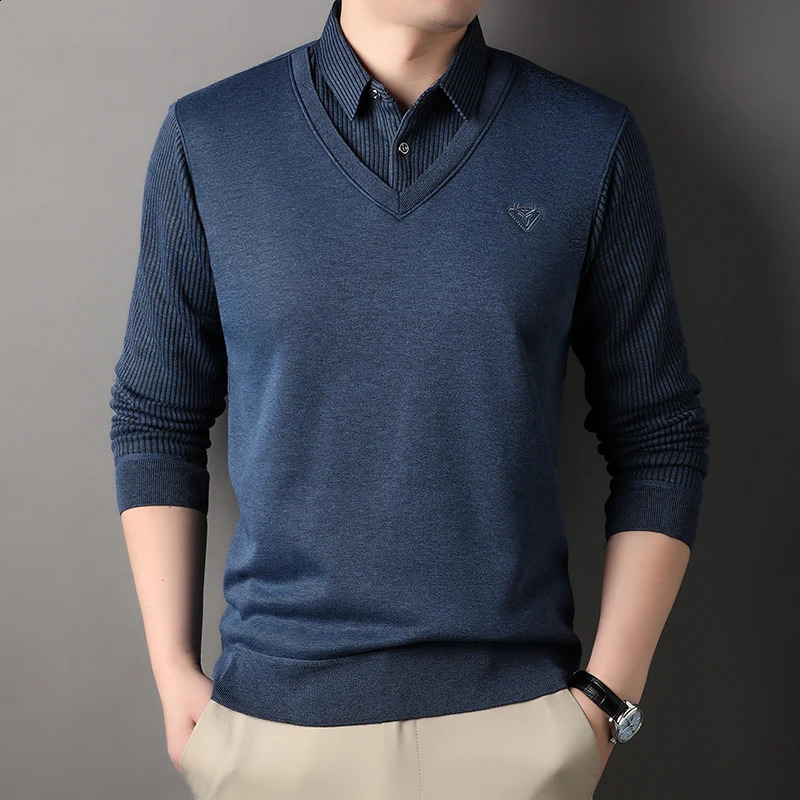 Retro sweater mens wool polo collar with floral fashion casual thick shirt ultrathin suitable for Korean top 240812