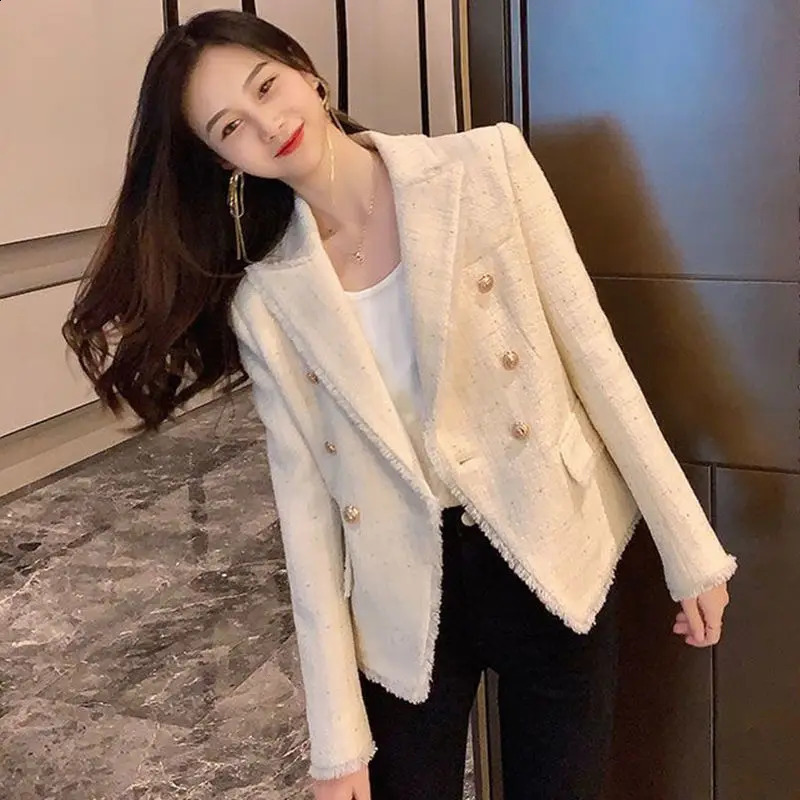 Classic Cropped Blazers for Women Jacket Spring Autumn Korean Fashion Double Breasted Tweed Suit Coats Slim Fit Vintage Top 240812