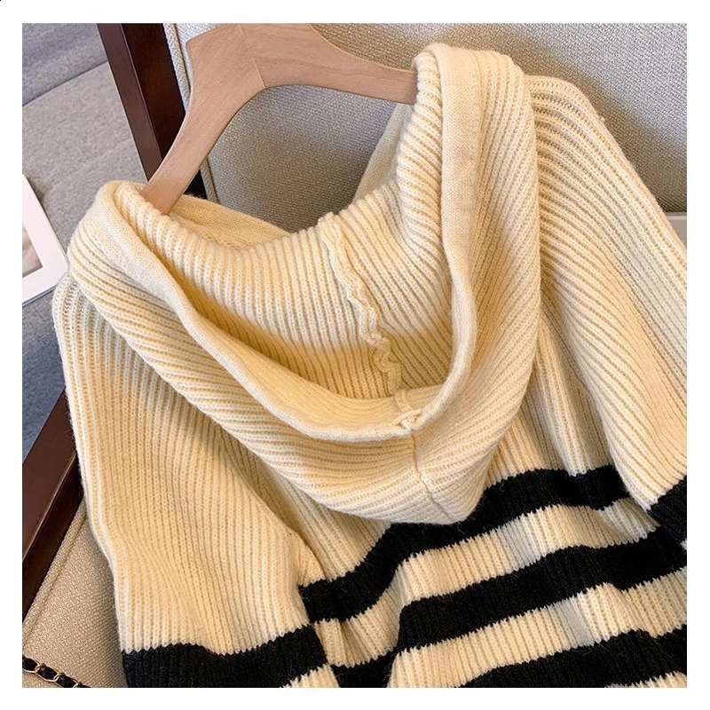 Women Clothing Autumn Winter Trendy Button Striped Hooded Knitted Sweater Casual Streetwear Loose Long Sleeve Pullover Tops 240812