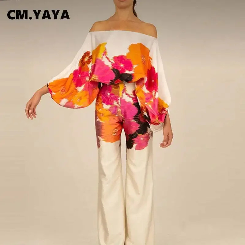 CM.YAYA Striped Satin Womens Set Off Shoulder Batwing Long Sleeve Shirt and Straight Wide Leg Pants Two 2 Piece Set Outfit 240813