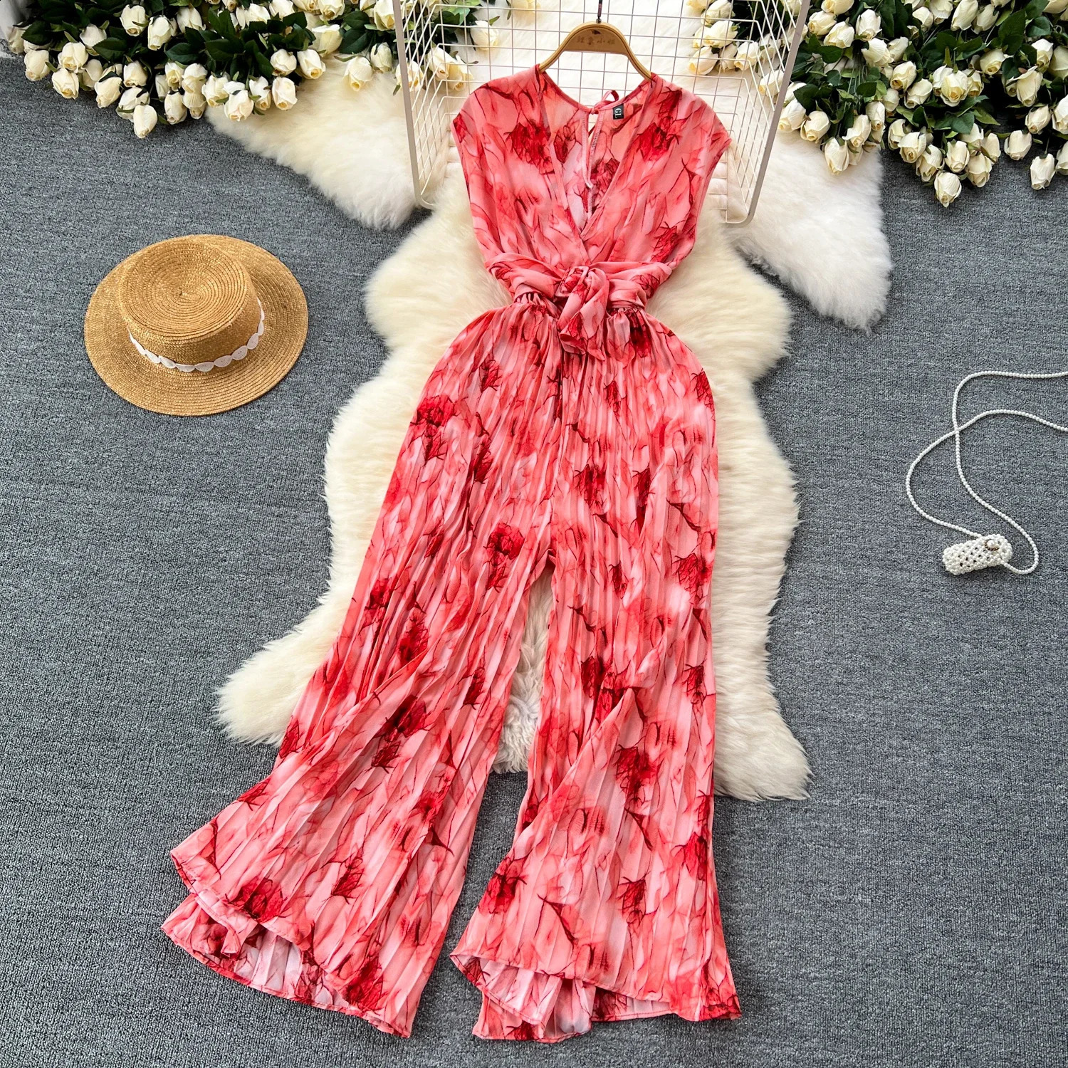 2024 Summer Elegant Women Abstract Print Jumpsuit Chic Streetwear Wide Leg Romper Mujer V Neck Bodycon Sleeveless High Jumps 240813