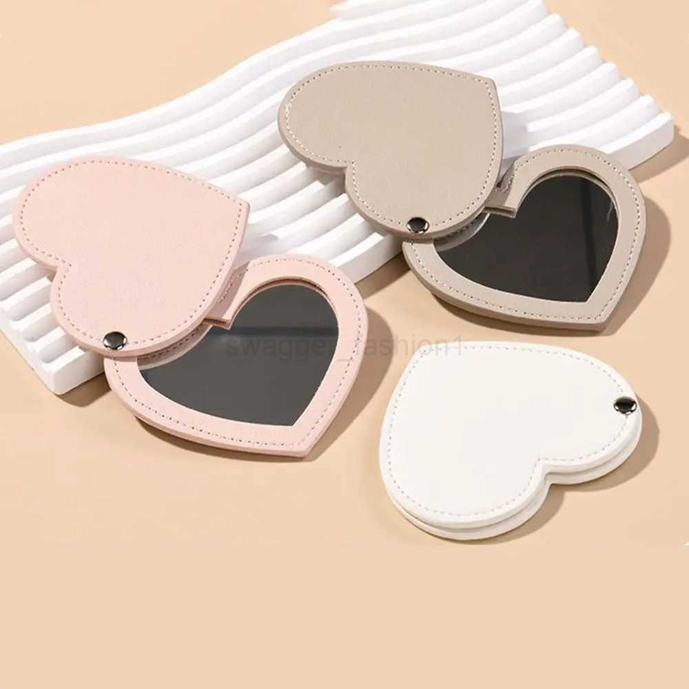 Portable Heart Compact Mirror Mini Ultra-thin Unbreakable Makeup Tool Rotating PU Leather Cosmetic Mirror TravelXJ240813