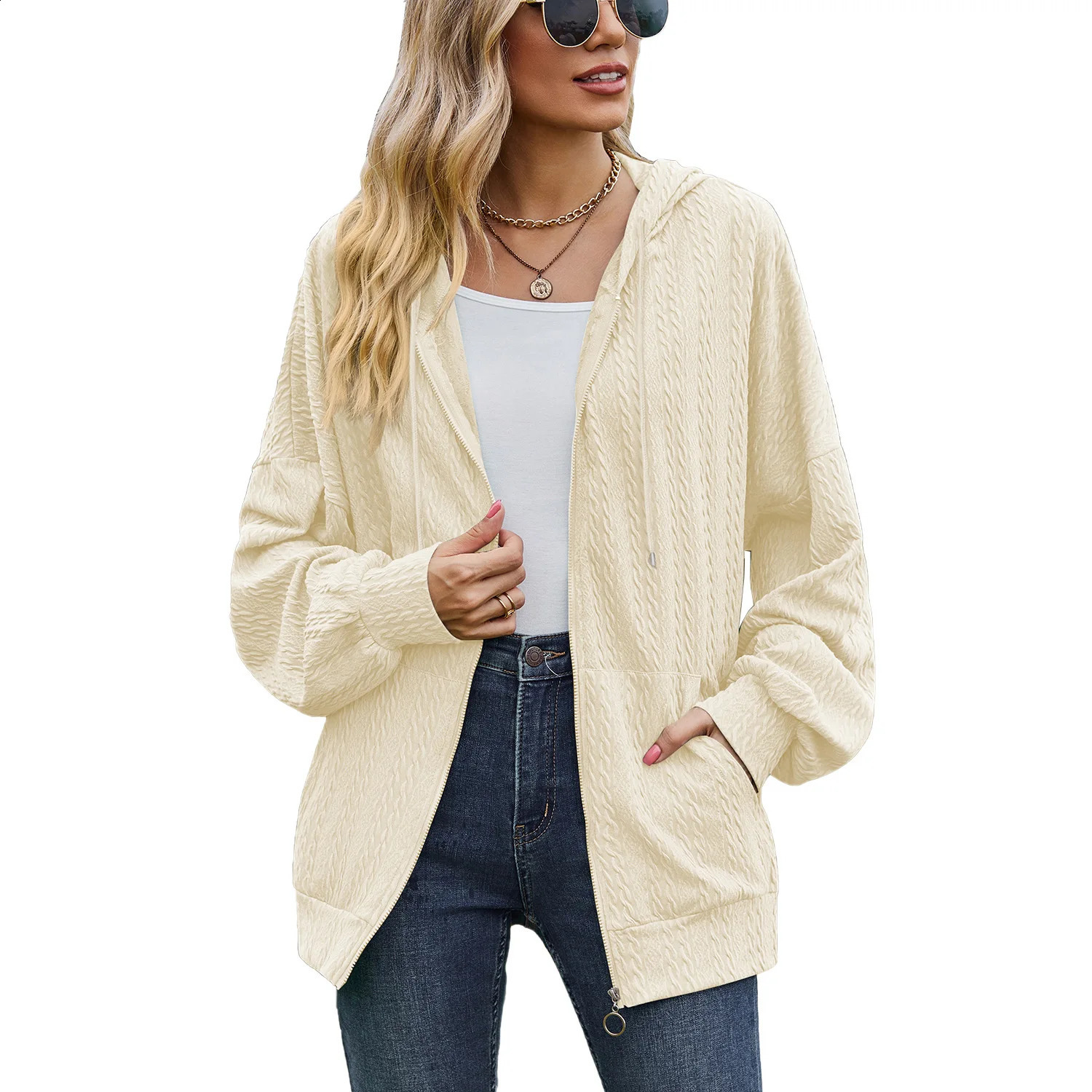 Autumn Winter Coat Womens Fashion Solid Pocket Long Sleeve Drop Shoulder Sleeve Loose Casual Hooded Sweater Coat 240812