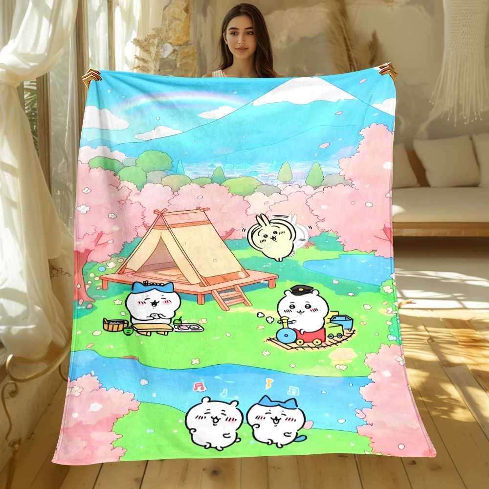 Cute Chiikawa Cartoon soft Blanket Used for Sofa Bedroom Travel Camping Livingroom Office CouchChairHomegirls GiftXJ240813