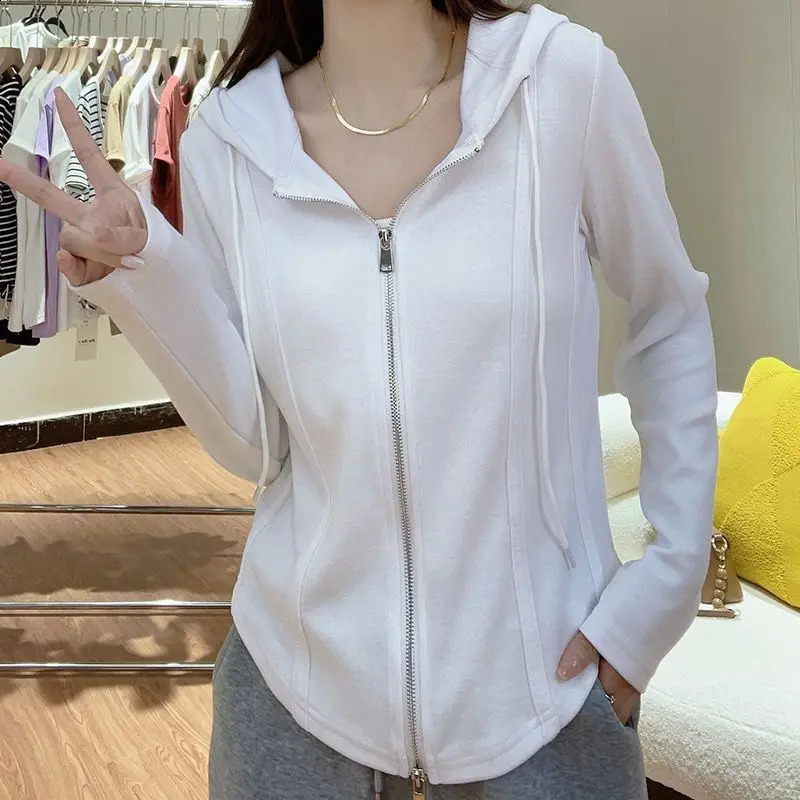 Spring Autumn Solid Color Fashion Long Sleeve Hoodies Women High Street Casual Slim Zipper Drawstring All-match Cardigan 240812