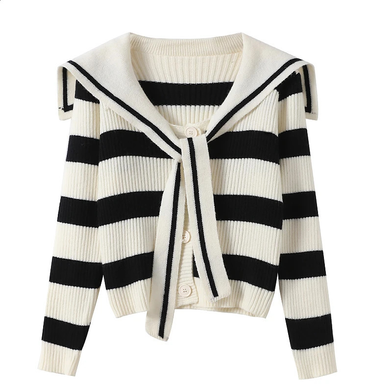 Autumn Sailor Collar Cardigan Women Single-breasted Long-sleeved Striped Sweater Casual Fashion Preppy Style Knitwear 240812